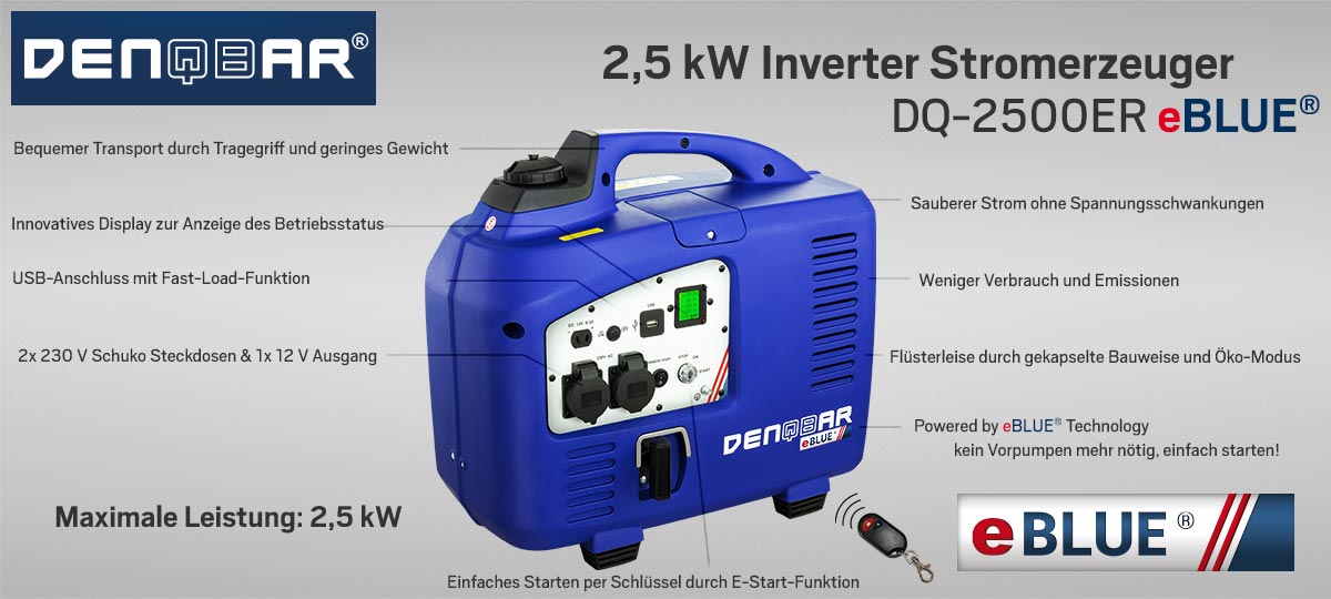 DENQBAR eBLUE® INVERTER STROMERZEUGER 2,5 kW DIGITALER GENERATOR DQ