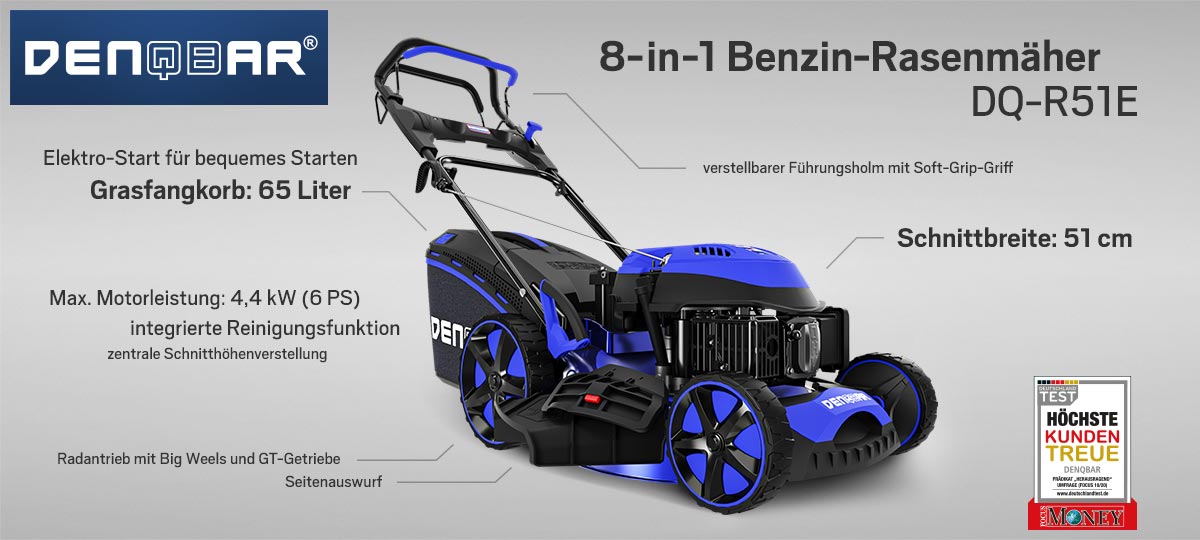 DENQBAR Benzin Rasenmäher 51 cm Schnittbreite 4,4kW (6PS) GT Radantrieb E-Start